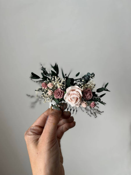 Dusty pink roses wedding hair comb