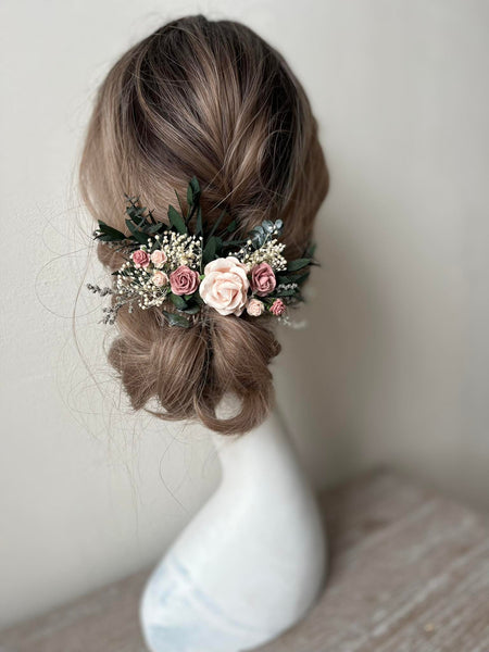 Dusty pink roses wedding hair comb