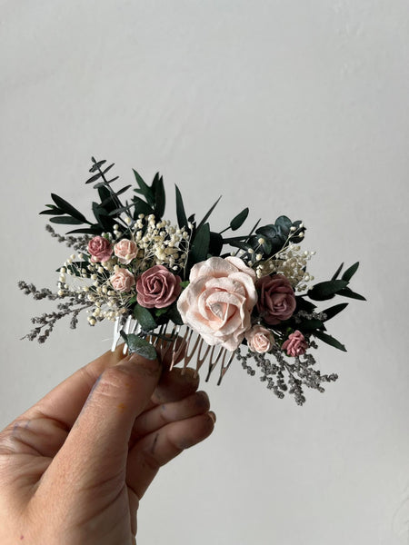 Dusty pink roses wedding hair comb