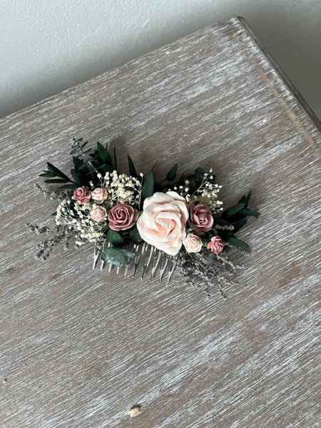 Dusty pink roses wedding hair comb