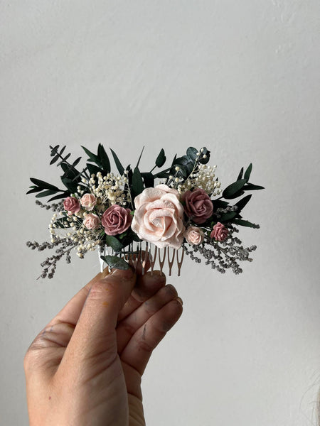 Dusty pink roses wedding hair comb