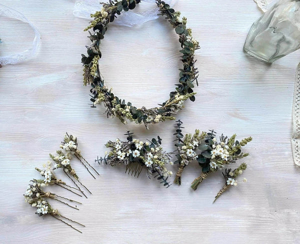 Greenery wedding flower hair crown