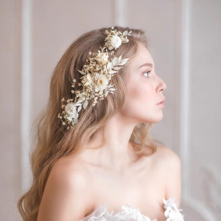 Shapeable ivory wedding flower hair vine with preserved flowers White wedding headpiece Bridal hair flowers Off white hair vine