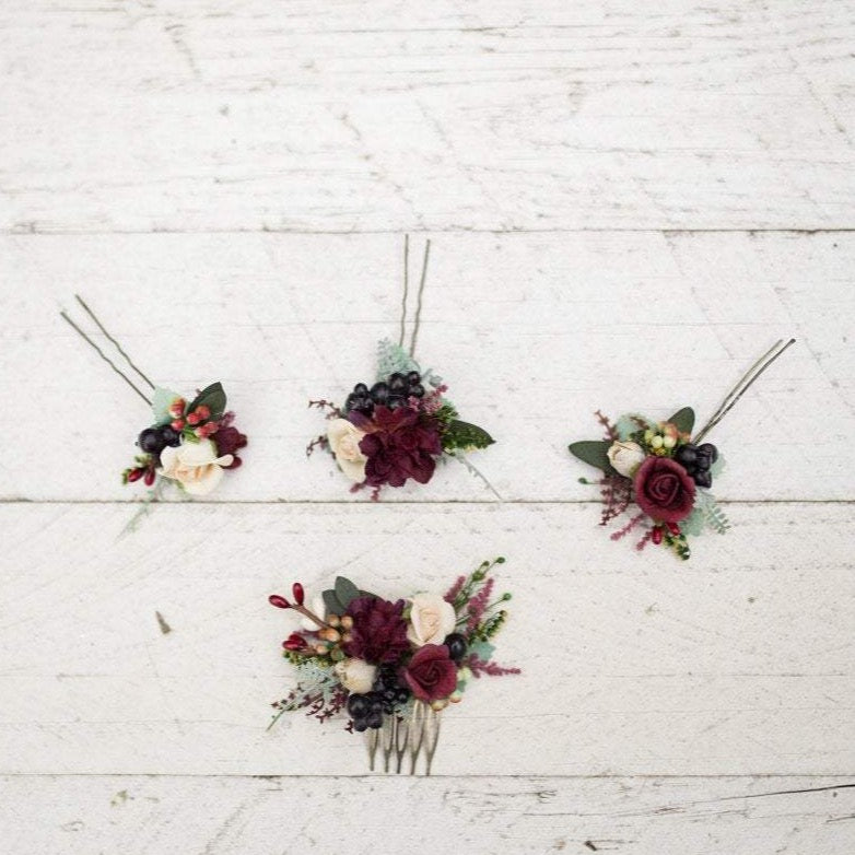 Burgundy flower hairpins and comb