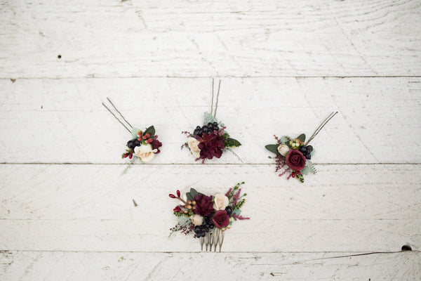 Burgundy mini hair comb Floral marshal burgundy flowers Wedding comb Bridal hair maroon accessories Barn wedding Woodland style