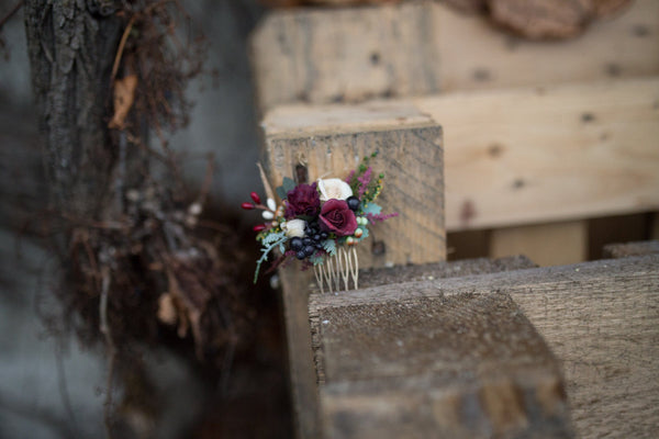 Burgundy mini hair comb Floral marshal burgundy flowers Wedding comb Bridal hair maroon accessories Barn wedding Woodland style