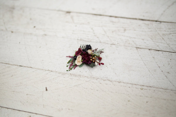 Burgundy mini hair comb Floral marshal burgundy flowers Wedding comb Bridal hair maroon accessories Barn wedding Woodland style