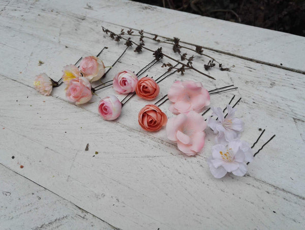 Peony single flower hair pins Wedding floral accessories Pink bridal hair pins Peach wedding accessories