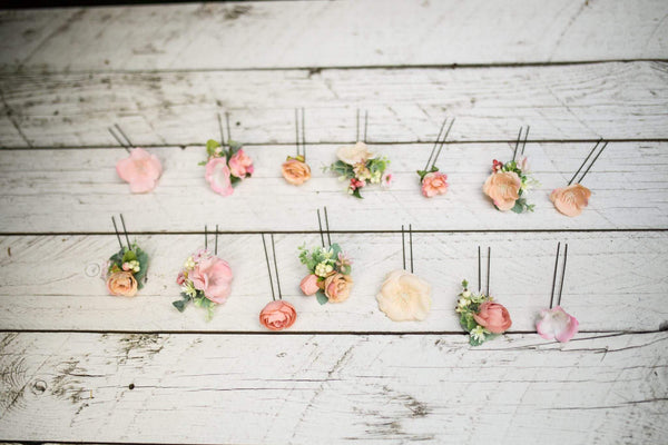 Peach wedding flower hairpins