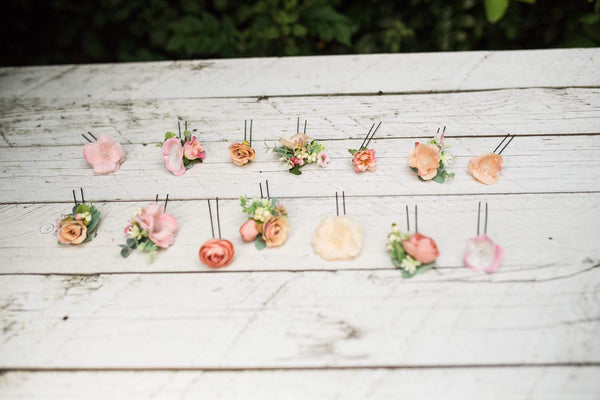 Peach wedding flower hairpins