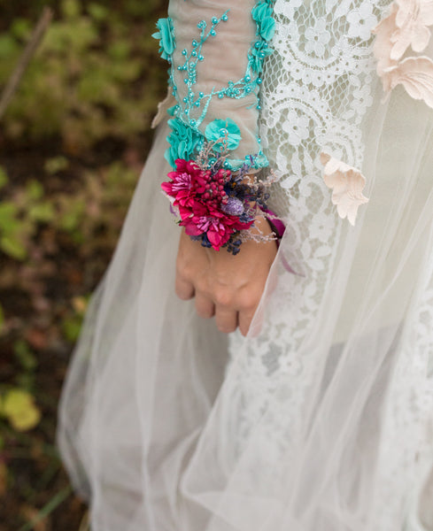 Romantic bracelet Floral bracelet Pink and violet wrist corsage Magenta Boho wedding  Bracelet for bride Bracelet for bridesmaid Fuchsia