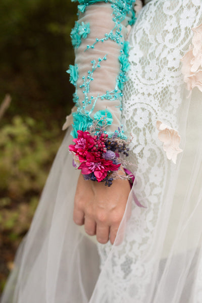 Romantic bracelet Floral bracelet Pink and violet wrist corsage Magenta Boho wedding  Bracelet for bride Bracelet for bridesmaid Fuchsia