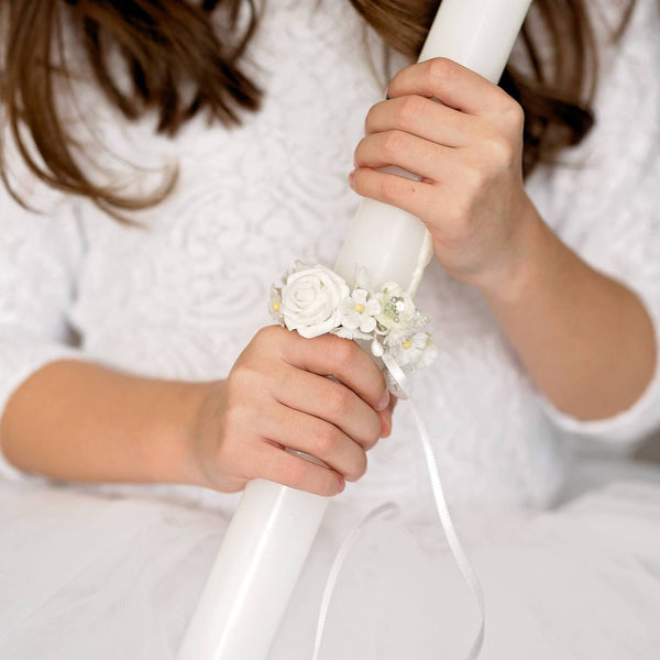 Handmade candle flower wreath for First holy communion white rose flower candle decor Magaela accessories Handmade