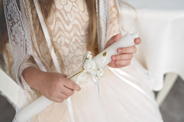 Handmade candle flower wreath for First holy communion white rose flower candle decor Magaela accessories Handmade