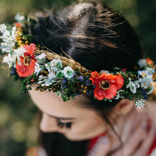 Folk crown with poppy flower and ear of wheat Bridal colourful wreath Flower hair wreath Handmade hair wreath Floral headpiece Hair jewellery