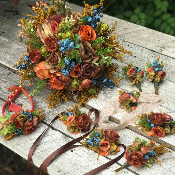 Autumn flower set with blueberries Fall Wedding bouquet Autumn style Floral bracelets Boutonniere Buttonhole Wedding garterBridal