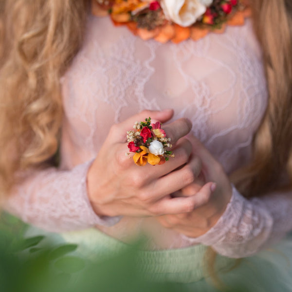 Autumn boho ring with preserved leaves Wedding accessories Flower ring Floral ring Adjustable size ring Ring for bridesmaid Without nickel