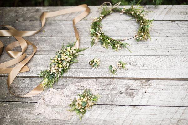 Greenery wedding set Bridal set Floral accessories Bridal accessories Grooms boutonniere Hair crown Floral belt Floral earrings  Ring