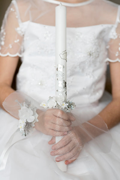 White floral communion candle decoration Floral candle decoration First holy communion Magaela accessories Handmade product