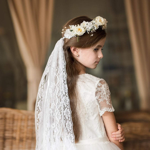 Hair crown with long veil for first holy communion White floral wreath Floral accessories Hair accessories Magaela Handmade