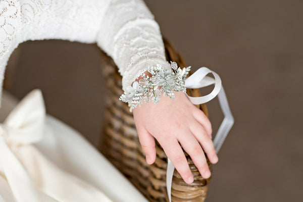 Silver first holy communion bracelet Bridesmaid bracelet Magaela accessories Floral bracelet Holy communion Wrist corsage for girl