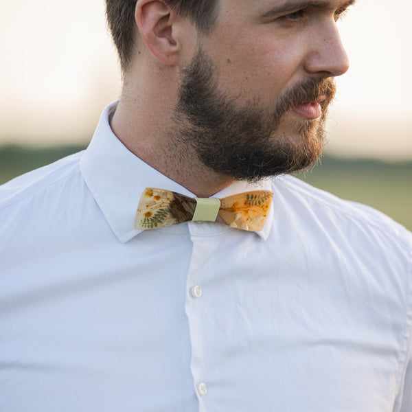 Beige and yellow wooden resin bow tie  Men's accessories Wedding accessories Floral wooden bow tie Magaela accessories Resin