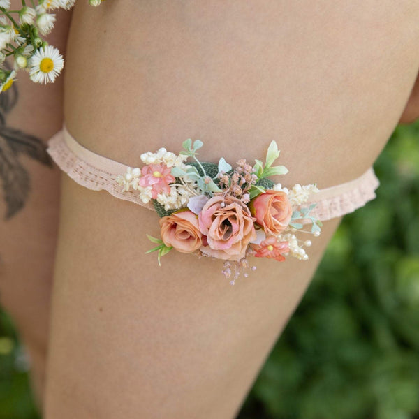 Peach wedding garter Bridal floral garter Handmade garter for bride Romantic wedding garter Magaela accessories Wedding accessories