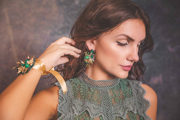 Glamour elegant earrings in emerald and golden colours Bridal flower earrings Wedding earrings Handmade Wedding jewelry Magaela accessories
