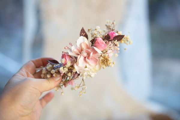 Romantic wedding quarter wreath in ivory and pink colours Bridal flower quarter wreath Hair wreath Hair crown Flower crown for bride Magaela