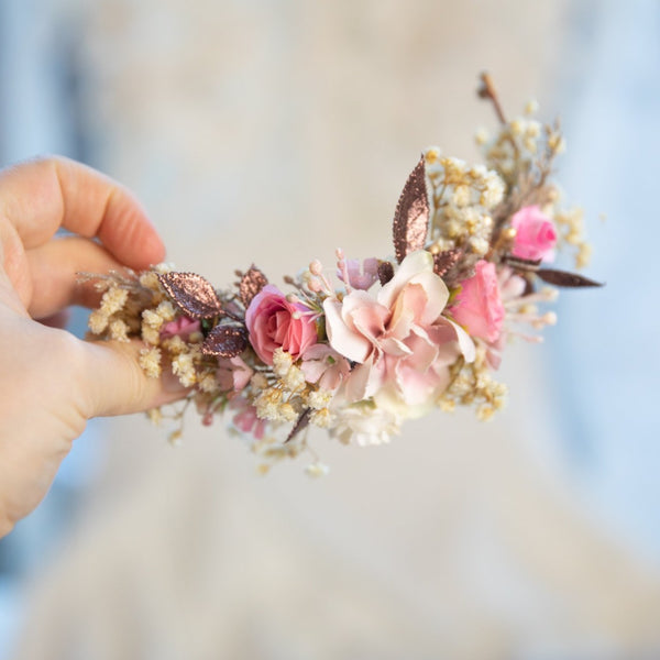 Romantic wedding quarter wreath in ivory and pink colours Bridal flower quarter wreath Hair wreath Hair crown Flower crown for bride Magaela