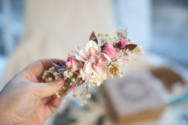 Romantic wedding quarter wreath in ivory and pink colours Bridal flower quarter wreath Hair wreath Hair crown Flower crown for bride Magaela