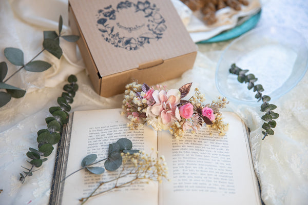 Romantic wedding quarter wreath in ivory and pink colours Bridal flower quarter wreath Hair wreath Hair crown Flower crown for bride Magaela
