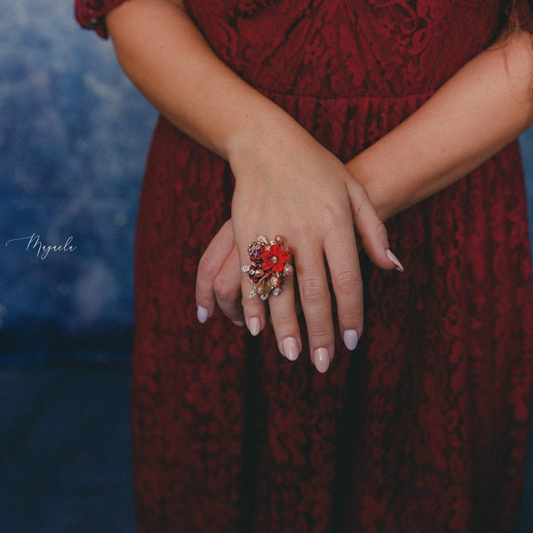 Red and gold flower ring Bridal ring Wedding accessories Red flower ring Flower ring for bride Wedding jewellery Bridal jewelry Magaela