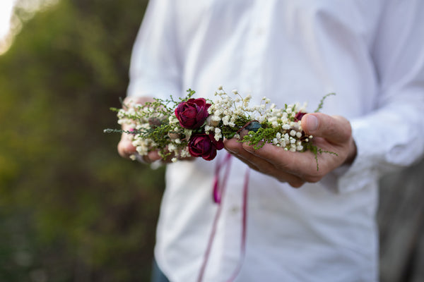 Burgundy and ivory wreath Natural hair wreath with baby's breath Magaela accessories Flower hair crown Wedding hair accessories Handmade
