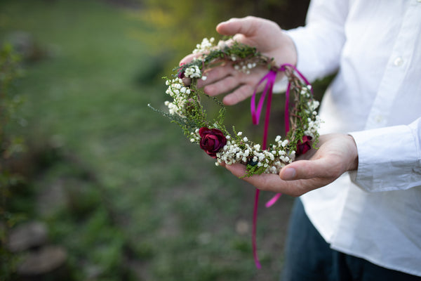 Burgundy and ivory wreath Natural hair wreath with baby's breath Magaela accessories Flower hair crown Wedding hair accessories Handmade
