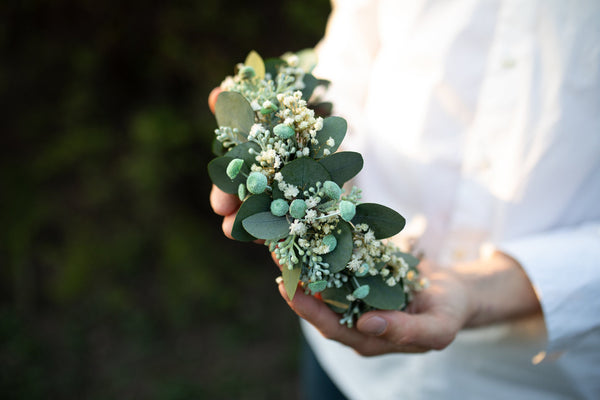 Greenery bridal flower half crown Flower hair wreath Bridal flower crown with eucalyptus Magaela accessories Handmade half wreath Greenery Wedding