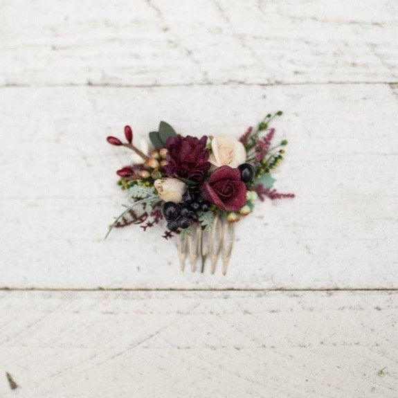 Burgundy mini hair comb Floral marshal burgundy flowers Wedding comb Bridal hair maroon accessories Barn wedding Woodland style