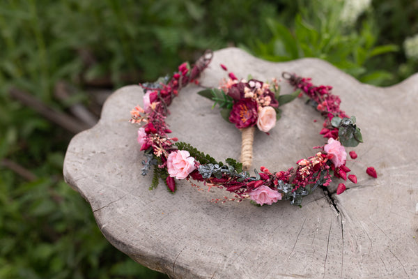 Romantic pink and burgundy boutonniere Wedding red boutonniere Groom's boutonniere Flower accessories Wedding accessories Magaela Handmade