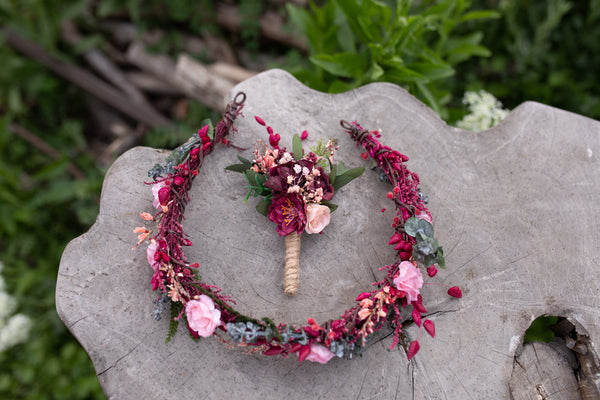 Romantic pink and burgundy boutonniere Wedding red boutonniere Groom's boutonniere Flower accessories Wedding accessories Magaela Handmade