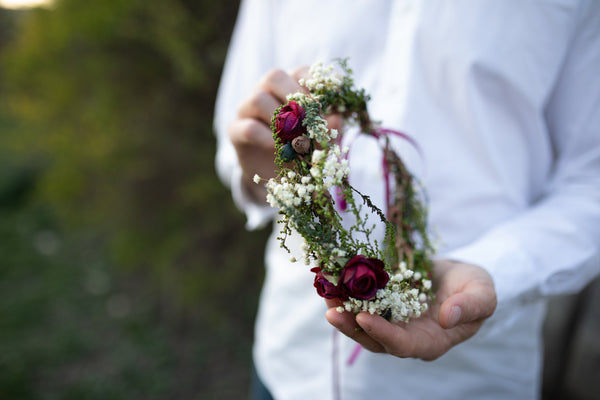 Burgundy and ivory wreath Natural hair wreath with baby's breath Magaela accessories Flower hair crown Wedding hair accessories Handmade