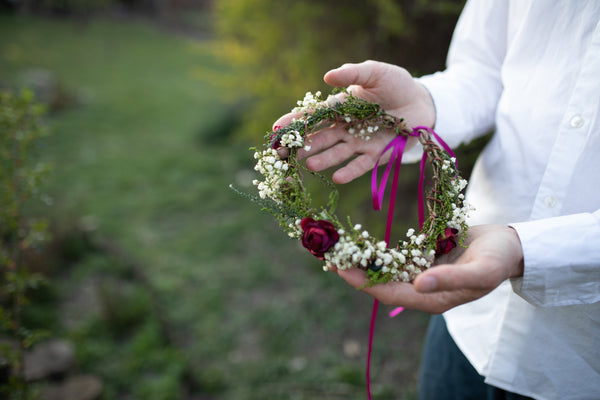 Burgundy and ivory wreath Natural hair wreath with baby's breath Magaela accessories Flower hair crown Wedding hair accessories Handmade
