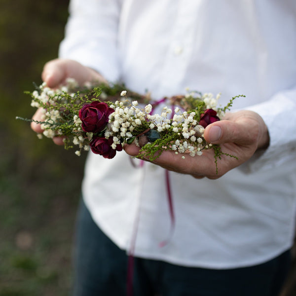 Burgundy and ivory wreath Natural hair wreath with baby's breath Magaela accessories Flower hair crown Wedding hair accessories Handmade