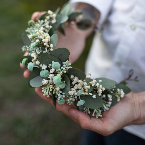 Greenery bridal flower half crown Flower hair wreath Bridal flower crown with eucalyptus Magaela accessories Handmade half wreath Greenery Wedding