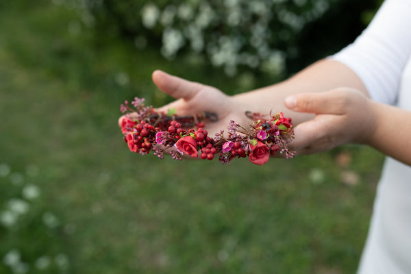 Red flower wreath with berries Wedding half wreath Bridal accessories Hair crown for bride Magaela accessories Bridal half wreath Headpiece