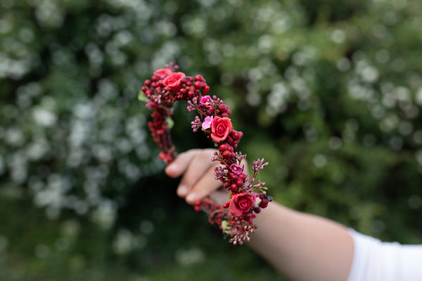 Red flower wreath with berries Wedding half wreath Bridal accessories Hair crown for bride Magaela accessories Bridal half wreath Headpiece