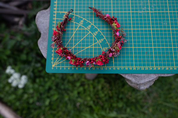 Red flower wreath with berries Wedding half wreath Bridal accessories Hair crown for bride Magaela accessories Bridal half wreath Headpiece