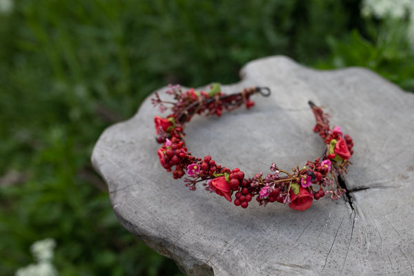 Red flower wreath with berries Wedding half wreath Bridal accessories Hair crown for bride Magaela accessories Bridal half wreath Headpiece