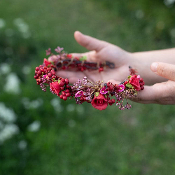 Red flower wreath with berries Wedding half wreath Bridal accessories Hair crown for bride Magaela accessories Bridal half wreath Headpiece