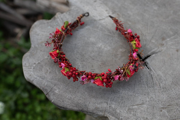 Red flower wreath with berries Wedding half wreath Bridal accessories Hair crown for bride Magaela accessories Bridal half wreath Headpiece
