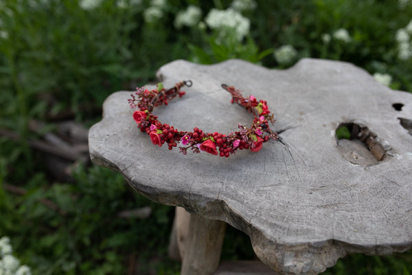 Red flower wreath with berries Wedding half wreath Bridal accessories Hair crown for bride Magaela accessories Bridal half wreath Headpiece